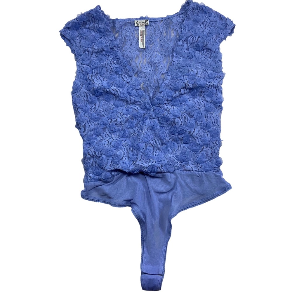 Intimately Free People Blue Floral Lace V-Neck Bodice Thong Bodysuit Small